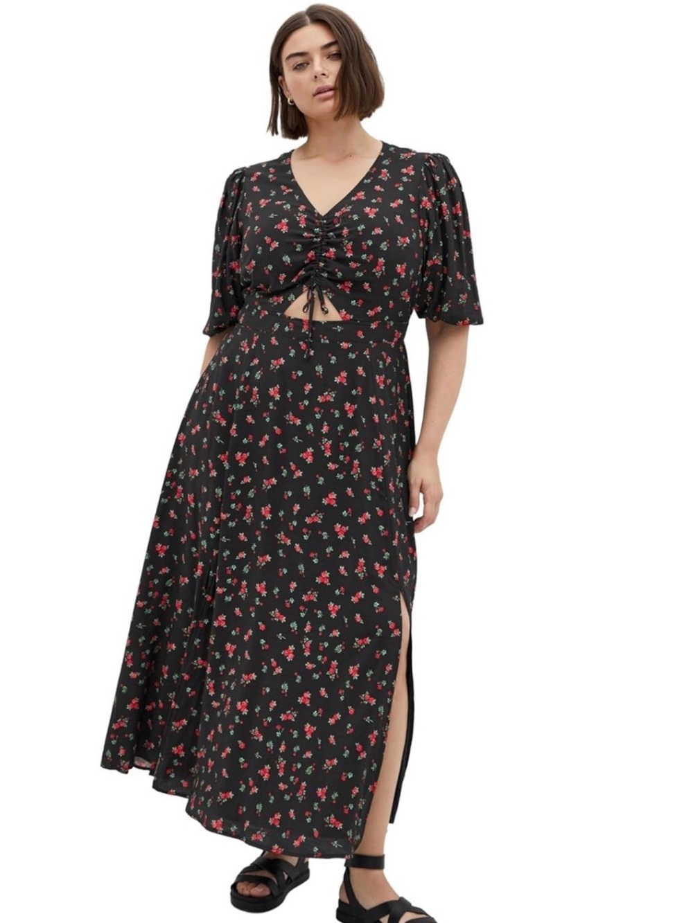 City Chic Black Maxi Dress with Red Floral Print